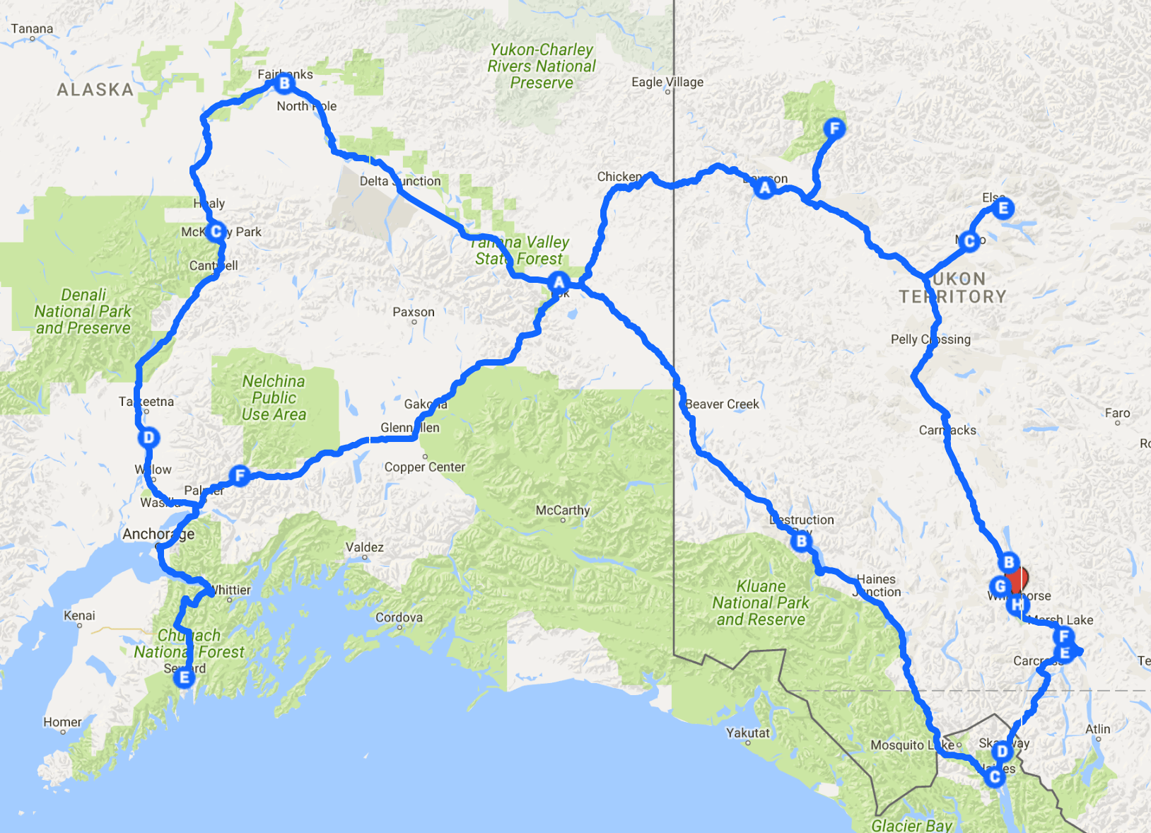 Route der Wohnmobiltour durch den Yukon und Alaska